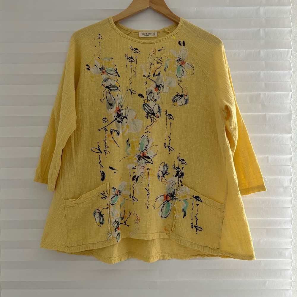 Jess & Jane Yellow Cotton Gauze Floral Graphic Tunic Top Pockets S Made in USA